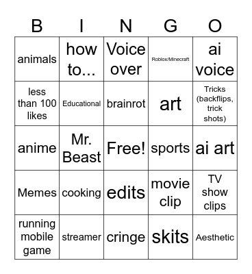 YouTube shorts Bingo Card