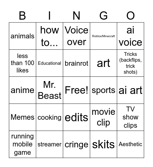 YouTube shorts Bingo Card