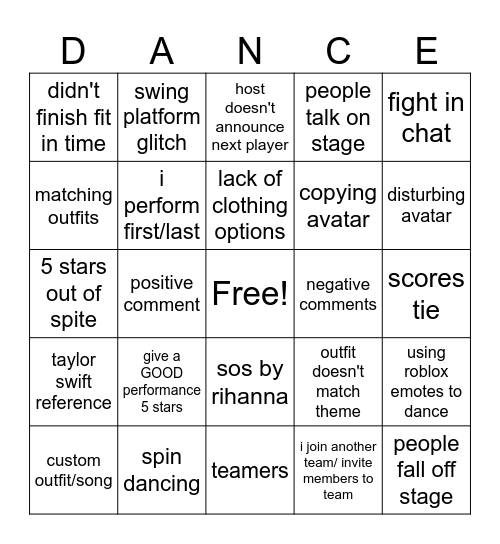 Dance Off Bingo Card