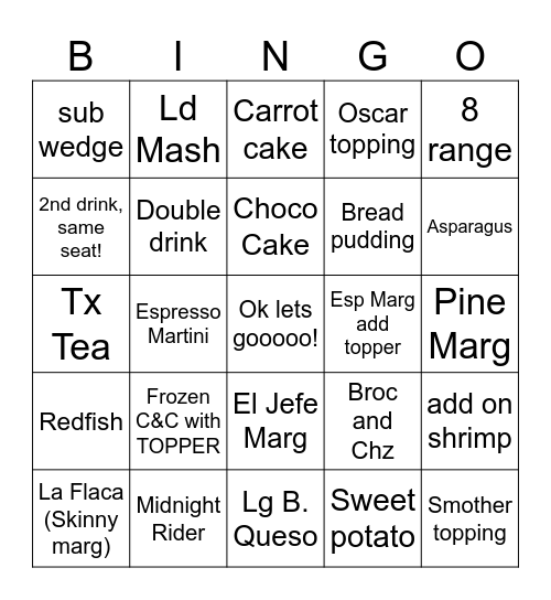 SATURDAY NIGHT BINGO ADD-ONS Bingo Card