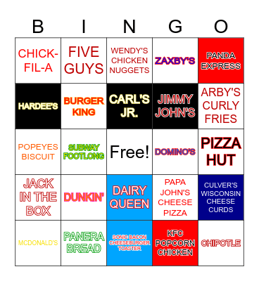 Fast Food Bingo Card