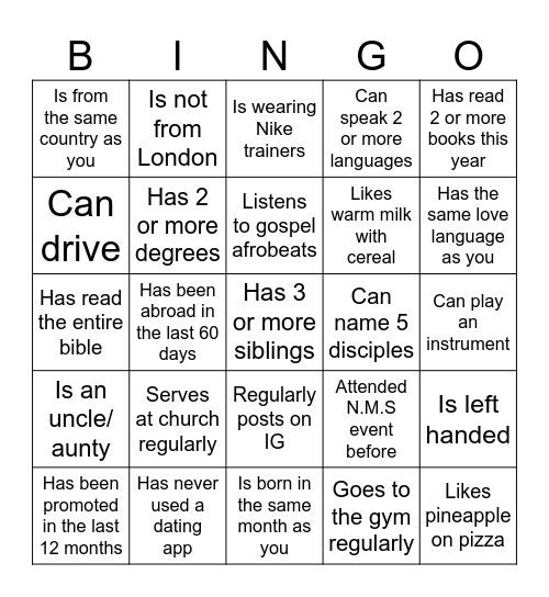 N.M.S Event 2 Icebreaker Bingo Card