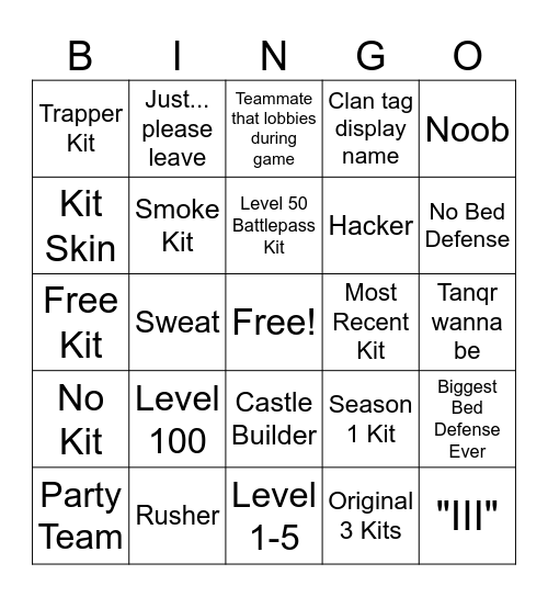 Bedwars Teammate Sterotypes Bingo Card