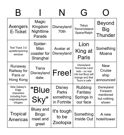 D23 Parks Bingo (And Bluey) Bingo Card