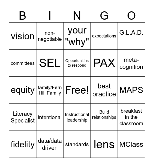 Pre-Service Bingo Card