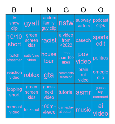 youtube shorts bingo Card