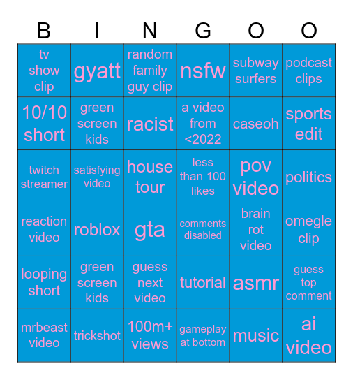 youtube shorts bingo Card