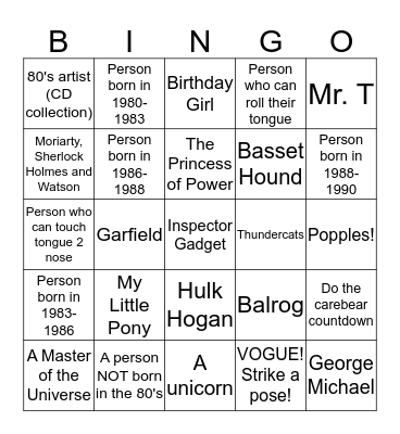 Eighties Party Bingo! Bingo Card