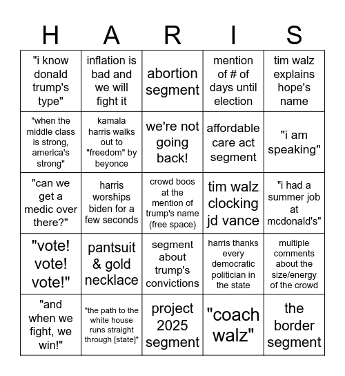 Harris/Walz Rally Bingo Card