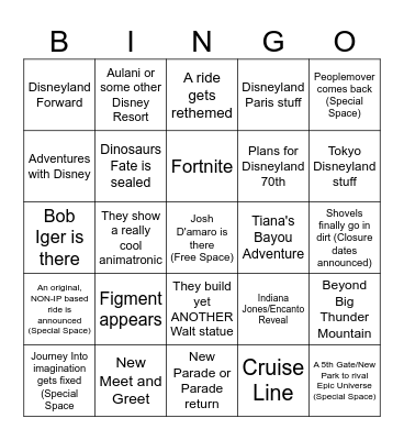 D23 Disney Horizons Experiences Showcase Bingo Card