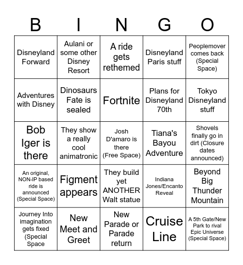 D23 Disney Horizons Experiences Showcase Bingo Card