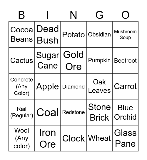 Minecraft Item Hunt Bingo Card