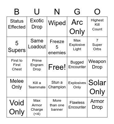 Destiny Dungo Bungo Bingo Card