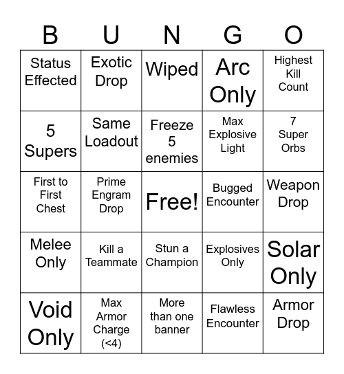 Destiny Dungo Bungo Bingo Card