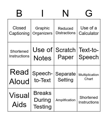 Accommodations Bingo Card