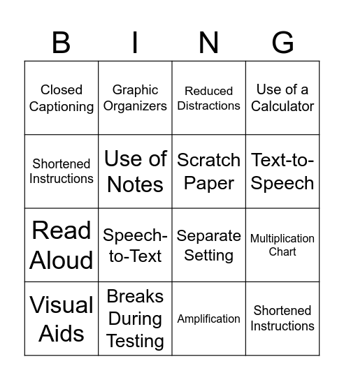 Accommodations Bingo Card