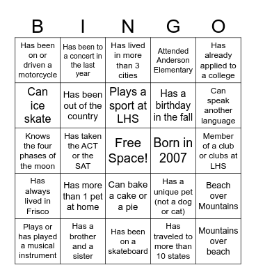 Classroom Bingo Card