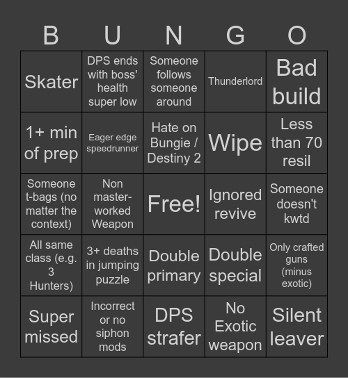 Destiny 2 LFG Bingo (Dungeon Edition) Bingo Card