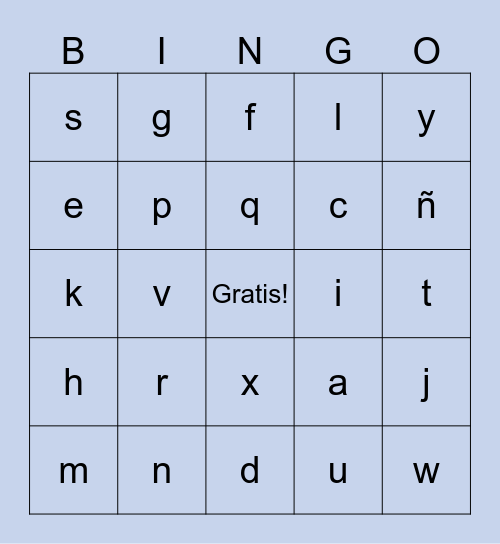 Spanish Alphabet Bingo Card