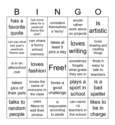 Yearbook Staff BINGO Card