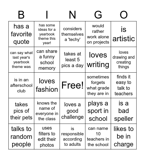 Yearbook Staff BINGO Card