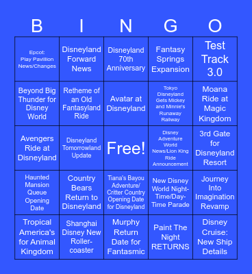 D23 Park Announcements Predictions Bingo Card