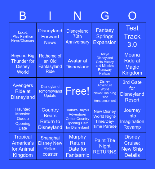 D23 Park Announcements Predictions Bingo Card