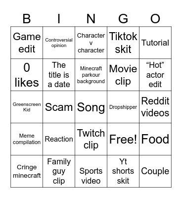 YouTube shorts Bingo Card