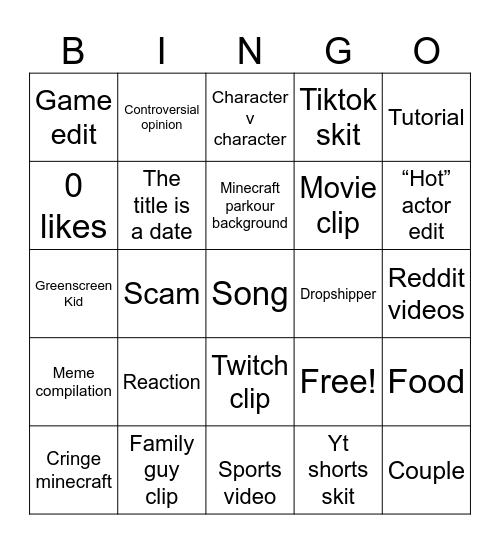 YouTube shorts Bingo Card