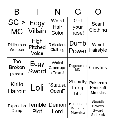 Trash Anime Bingo Card