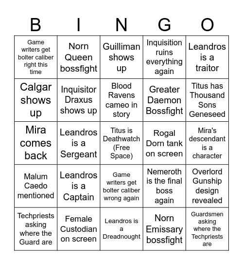 Space Marine 2 Bingo Card