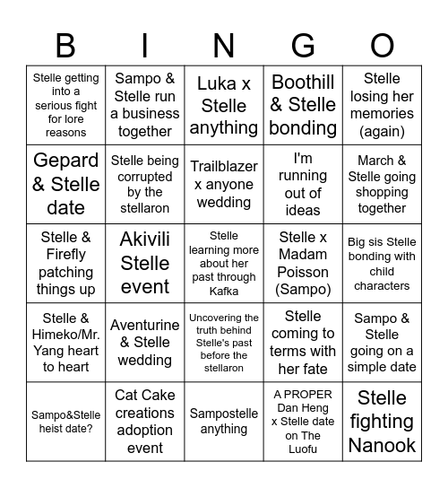 Stelle roleplay bingo/wishlist Bingo Card