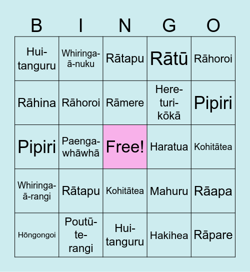 Te Reo Months/Days Bingo Card