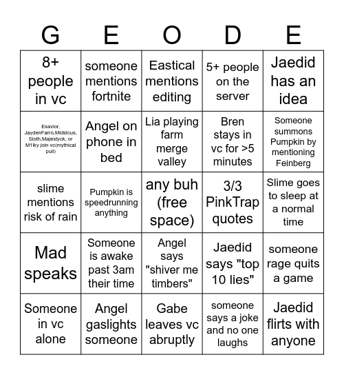 Geode General VC #1 Bingo Card