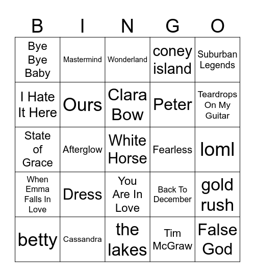 TAYLOR SWIFT BINGO Card