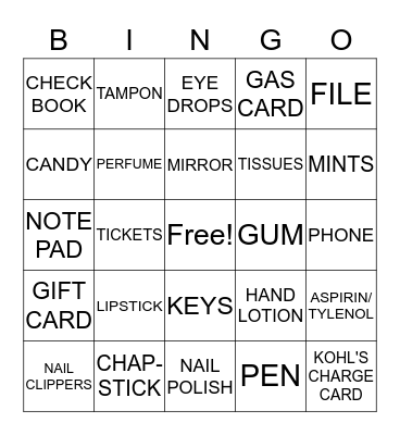 WHAT'S IN YOUR PURSE Bingo Card