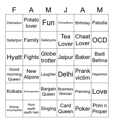 #FAMJAM Bingo Card