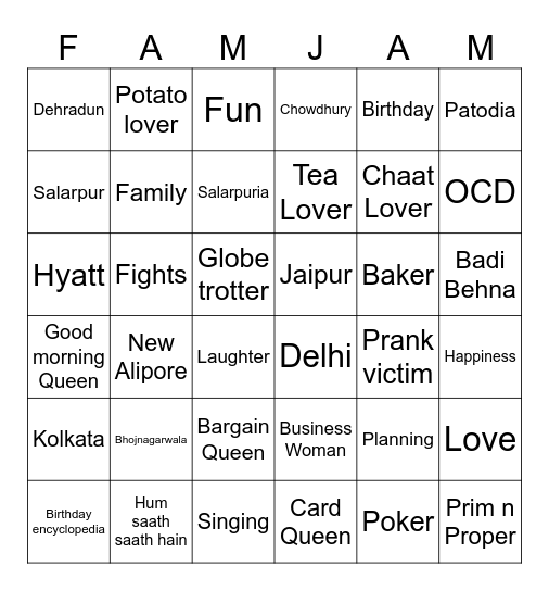 #FAMJAM Bingo Card