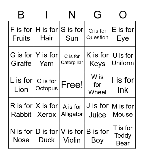 ABC Phonics Song Bingo Card