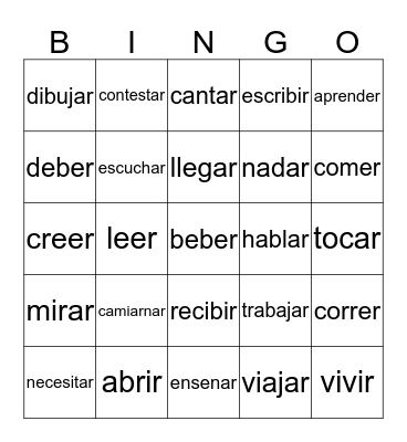 Spanish Verbs Bingo Card