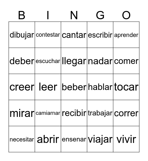 Spanish Verbs Bingo Card