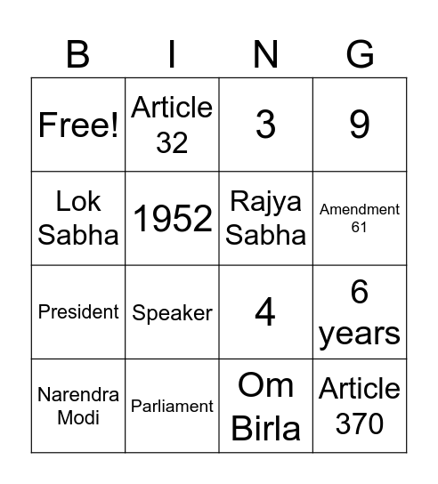 Bingo Parliament Bingo Card