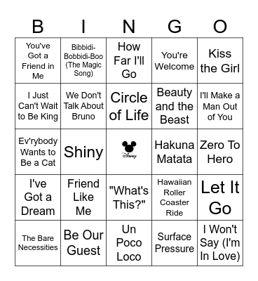 Disney Hit List Bingo Card