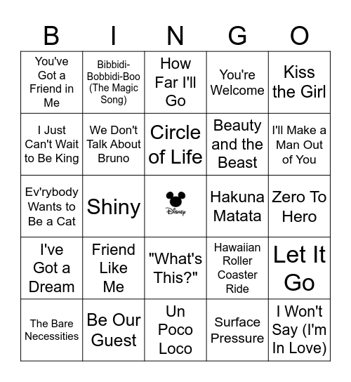 Disney Hit List Bingo Card