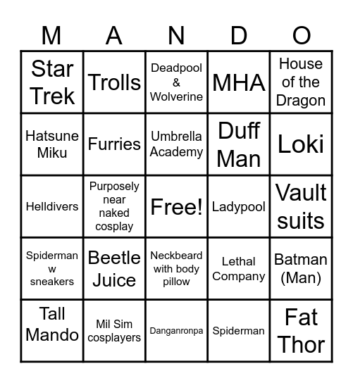 Comic Con bingo Bonanza Bingo Card