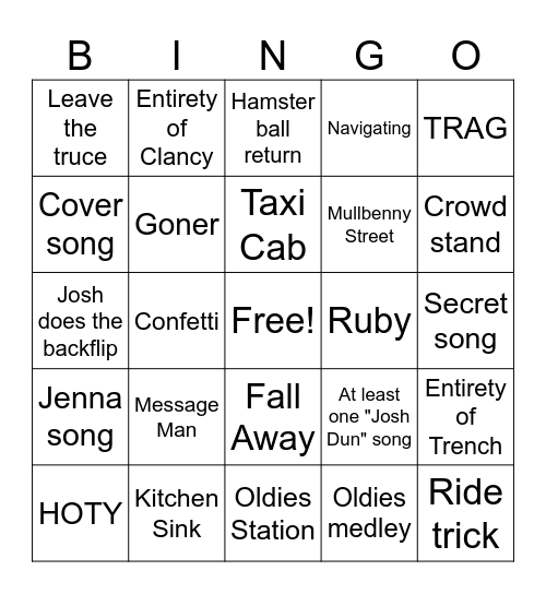 Clancy Tour Bingo Card