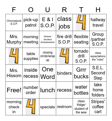 Welcome to Fourth Grade! Bingo Card