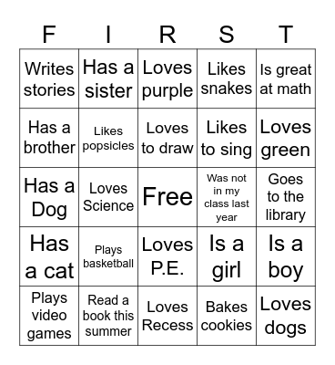 First Day of School Bingo Card