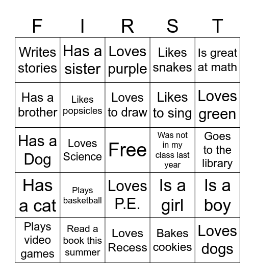 First Day of School Bingo Card