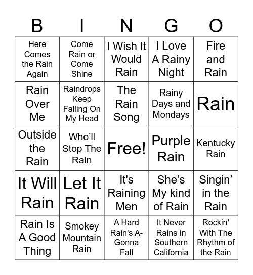 Rainy Day Songs Bingo Card